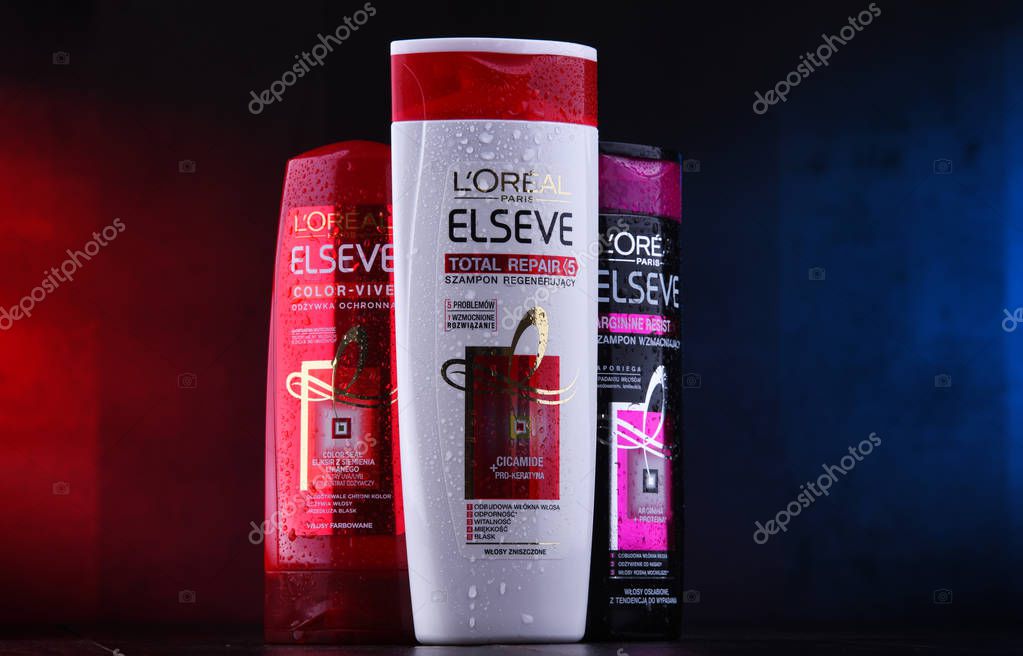POZNAN, POL - DEC 5, 2018: Products of L Oreal, a French cosmetics company headquartered in Clichy, Hauts-de-Seine. It is the world's largest cosmetics producer.