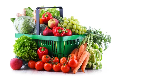 Frutas Legumes Orgânicos Frescos Plástico Cesto Compras Isolado Branco — Fotografia de Stock