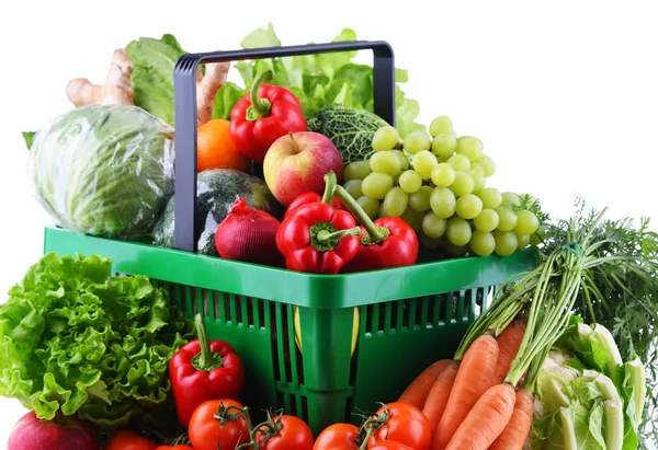 Świeże Organiczne Owoce Warzywa Plastikowym Koszyku Zakupy — Zdjęcie stockowe