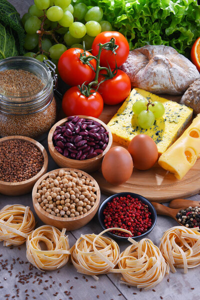 Composition with assorted organic food products on the table.