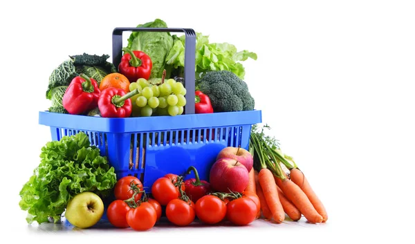 Friss Bio Zöldségek Gyümölcsök Műanyag Bevásárló Kosár Elszigetelt Fehér — Stock Fotó
