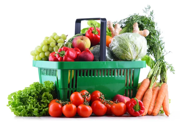 Fresh Organic Fruits Vegetables Plastic Shopping Basket Isolated White Royalty Free Stock Images