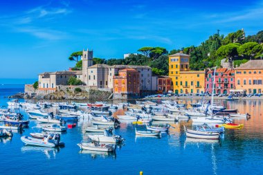 Görünüm sessizlik Bay Sestri Levante, Liguria, İtalya