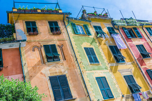 Architecture of Portofino, in the Metropolitan City of Genoa on the Italian Riviera in Liguria, Italy