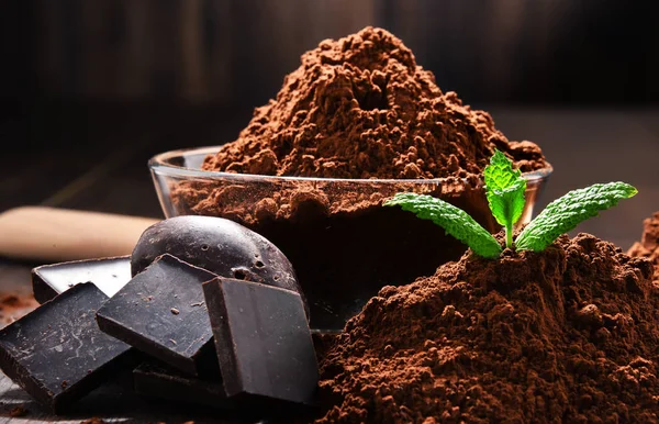 Composición Con Tazón Cacao Polvo Sobre Mesa Madera — Foto de Stock