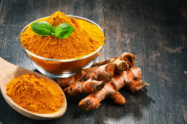 Composition Bowl Turmeric Powder Wooden Table — Stock Photo, Image
