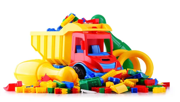 Композиція Різнокольоровими Пластиковими Дитячими Іграшками Ізольовані Білому — стокове фото
