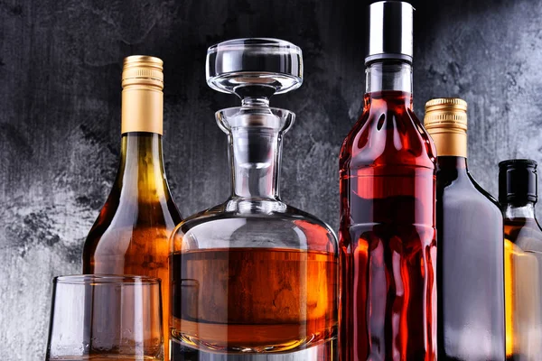 Composition Carafe Bottles Assorted Alcoholic Beverages — Stock Photo, Image