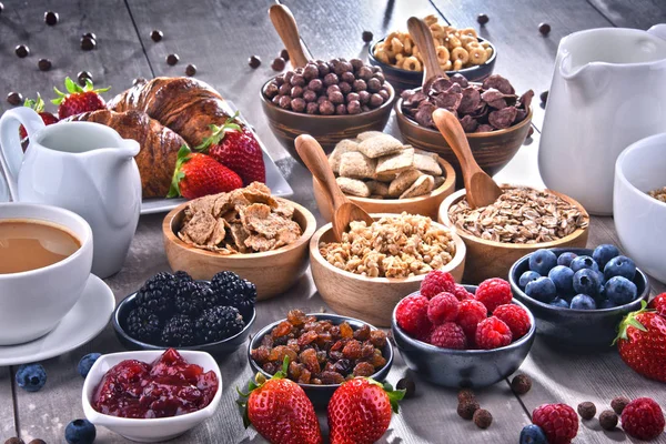 Composição Com Diferentes Tipos Produtos Cereais Pequeno Almoço Frutas Frescas — Fotografia de Stock