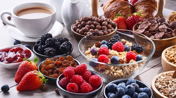 Composition Different Sorts Breakfast Cereal Products Fresh Fruits — Stock Photo, Image