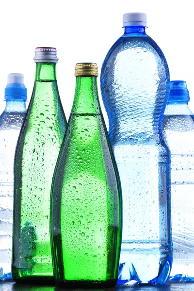 Composition Different Sorts Bottles Containing Mineral Water Isolated White — Stock Photo, Image