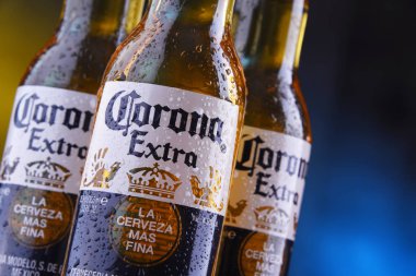 Poznan, Pol - 24 Ocak 2019: Şişeler, Corona ilave, dünya çapında en çok satan bira, Cerveceria Modelo Meksika tarafından üretilen bir soluk lager