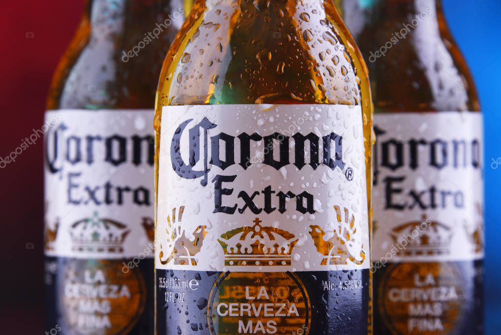 POZNAN, POL - JAN 24, 2019: Bottles of Corona Extra, one of the top-selling beers worldwide, a pale lager produced by Cerveceria Modelo in Mexico