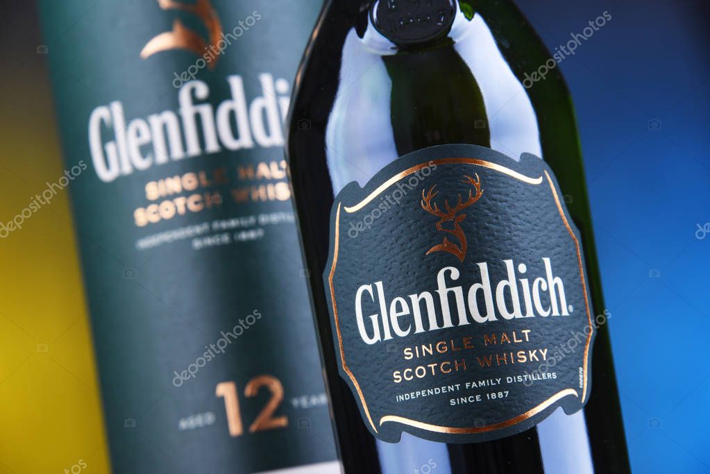 POZNAN, POL - JAN 24, 2019: Bottle of Glenfiddich, the world's best-selling single-malt whisky, owned and produced by William Grant and Sons in Dufftown, Scotland
