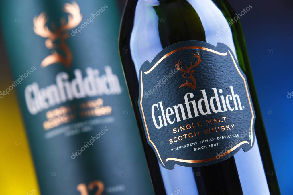 POZNAN, POL - JAN 24, 2019: Bottle of Glenfiddich, the world's best-selling single-malt whisky, owned and produced by William Grant and Sons in Dufftown, Scotland