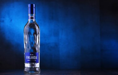 Poznan, Pol - 24 Ocak 2019: Şişe, Finlandia, Brown Forman Corporation tarafından sahip olunan ve 135 ülkede dağıtılmış Fin votka markası.