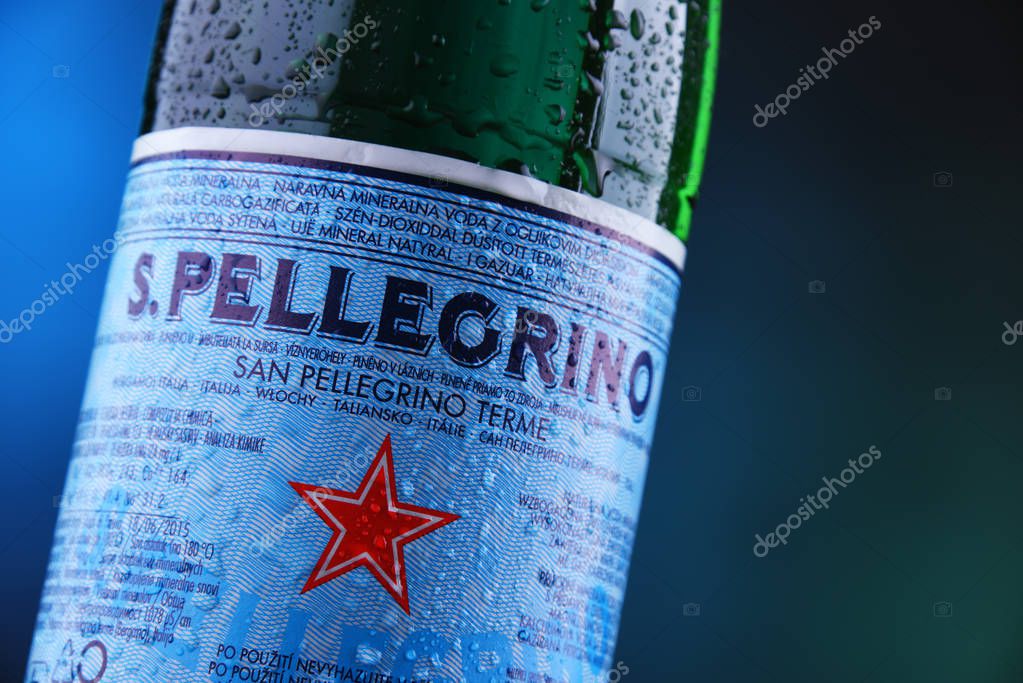 POZNAN, POL - JAN 24, 2019: Bottle of San Pellegrino, an Italian brand of mineral water made in the Province of Bergamo, Italy. Owned by Nestle since 1997.