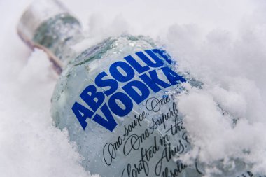 Poznan, Pol - 24 Ocak 2019: Şişe Absolut Vodka, votka markası İsveç'te üretilen. Fransız grubunun Pernod Ricard sahip olduğu alkollü içki dünyanın en büyük marka biridir