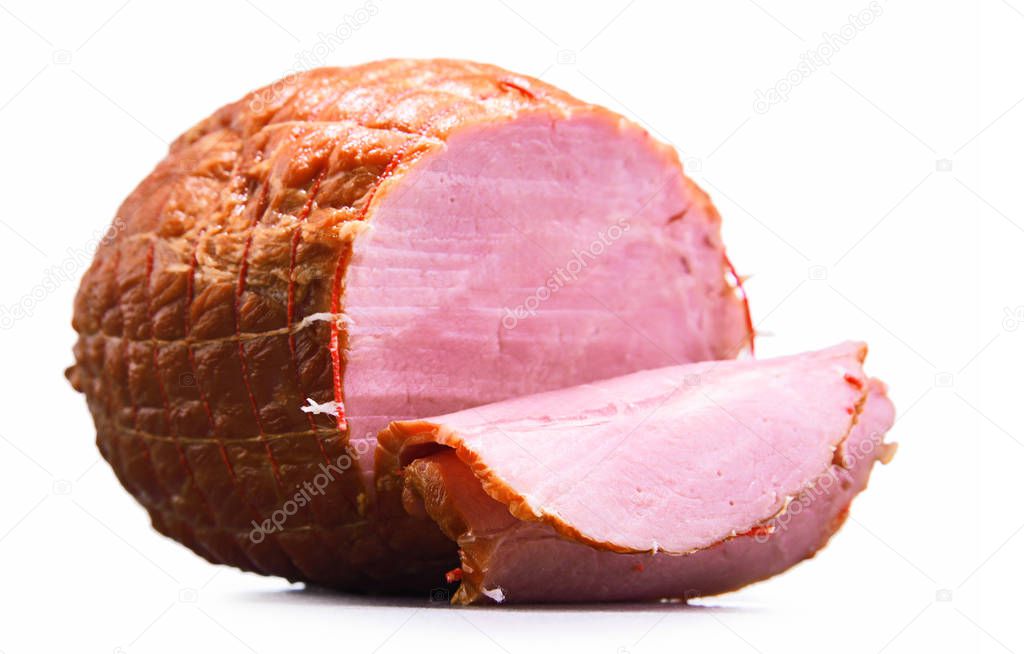 Piece of ham isolated on white background. Meatworks product