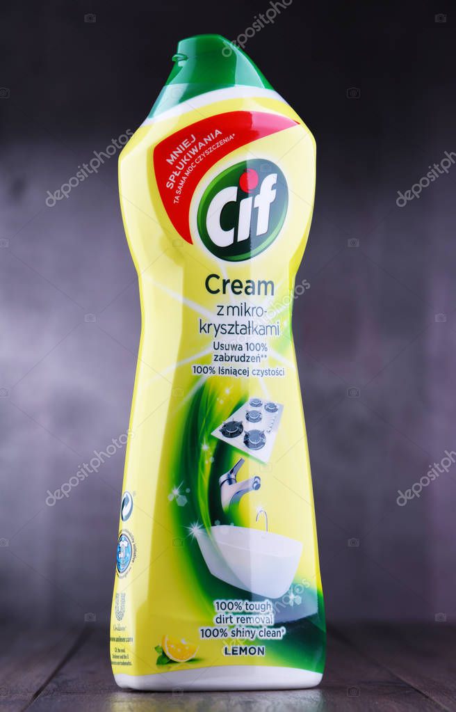 POZNAN, POL - MAR 15, 2019: Plastic bottle of Cif, brand of household cleaning products manufactured by Unilever, a British-Dutch multinational consumer goods company.