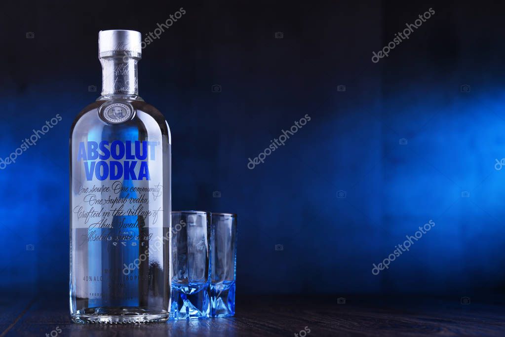 POZNAN, POL - MAAR 22, 2019: Bottle of Absolut Vodka, a brand of vodka produced in Sweden. Owned by French group Pernod Ricard it is one of the largest brand of alcoholic spirits in the world