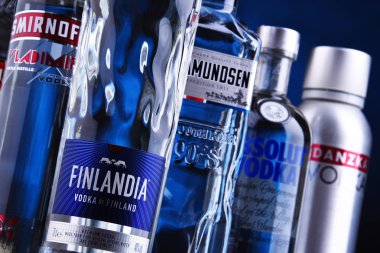 Bottles of several global brands of vodka clipart