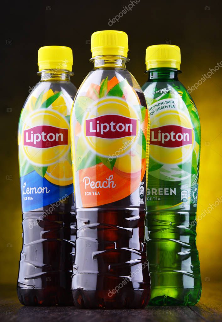 POZNAN, POL - JUN 5, 2019: Plastic bottles of Lipton Ice Tea, a soft drink brand sold by Lipton and belonging to Unilever, a British-Dutch multinational consumer goods company.