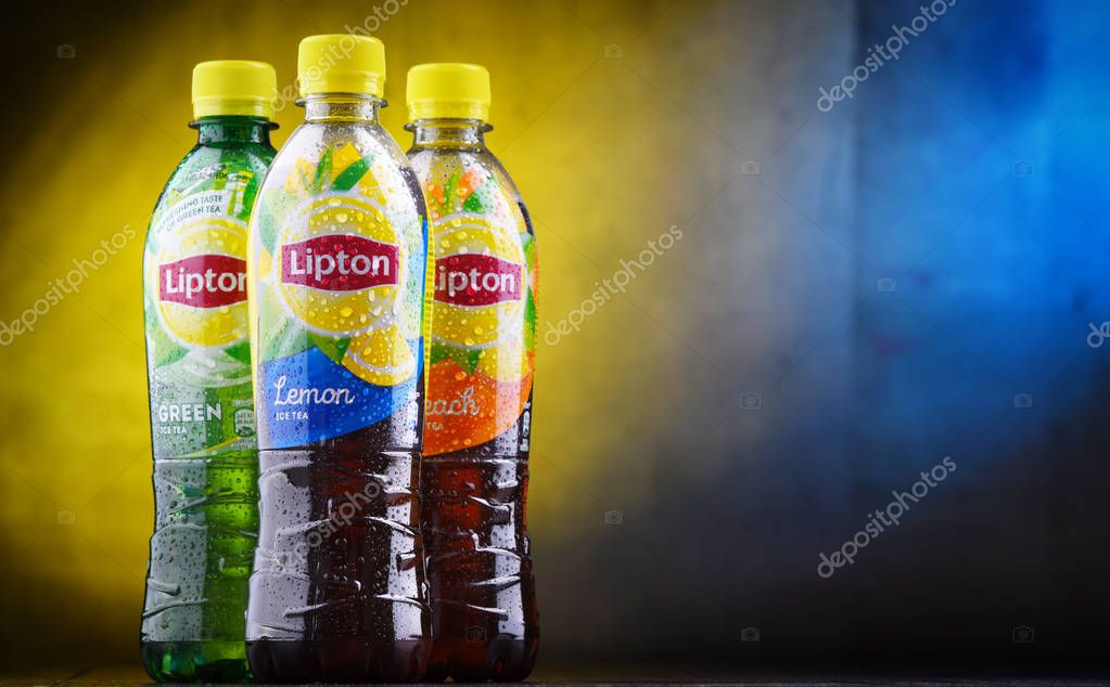 POZNAN, POL - JUN 5, 2019: Plastic bottles of Lipton Ice Tea, a soft drink brand sold by Lipton and belonging to Unilever, a British-Dutch multinational consumer goods company.