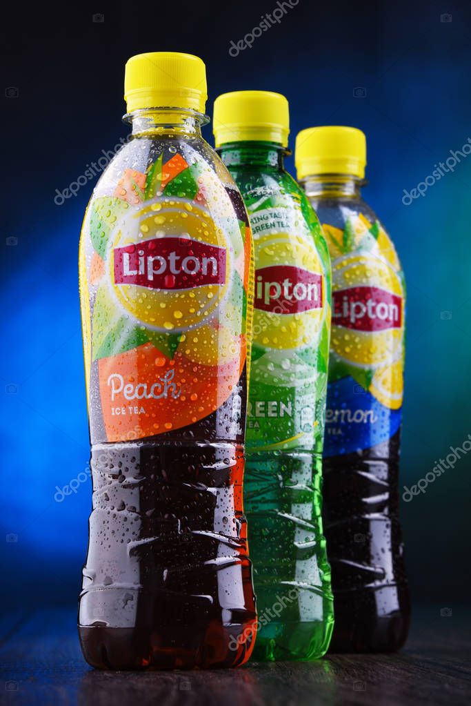 POZNAN, POL - JUN 5, 2019: Plastic bottles of Lipton Ice Tea, a soft drink brand sold by Lipton and belonging to Unilever, a British-Dutch multinational consumer goods company.