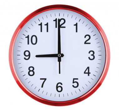 Beyaz arka plan üzerinde izole duvar saati. Dokuz oclock