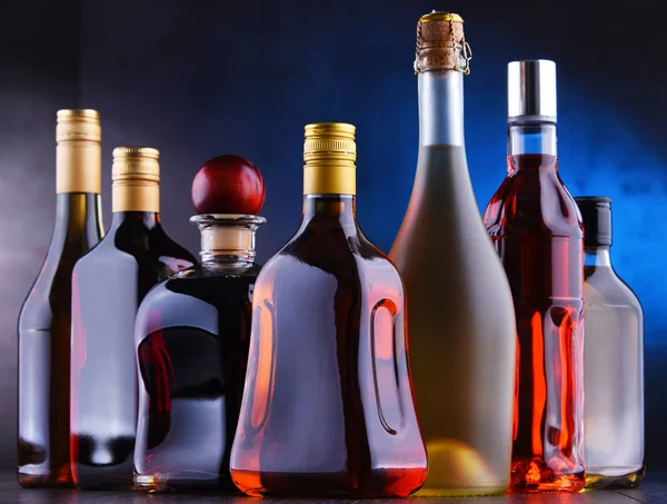 Bottles of assorted alcoholic beverages. — Stock Photo, Image