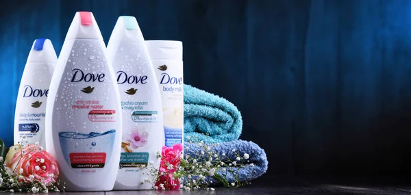 Variety of Dove products including body milk and anti-perspirant — Stock Photo, Image