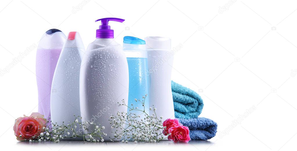 Plastic bottles of body care and beauty products