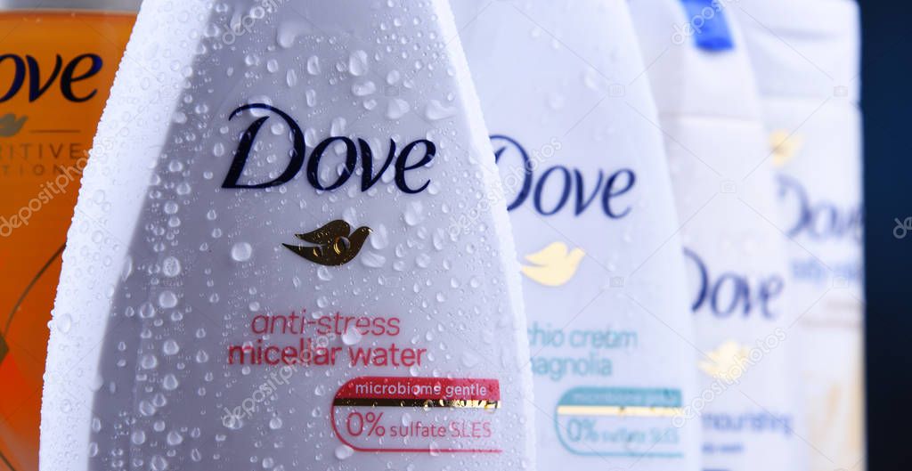 POZNAN, POL - JUL 4, 2019: Dove products. Introduced to the British market in 1955, Dove is a personal care brand, now owned by Unilever and sold in more than 80 countries
