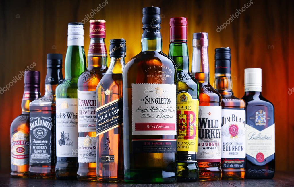 POZNAN, POLAND - JUL 5, 2019: Bottles of several global whiskey brands, the most popular liquor in the world.