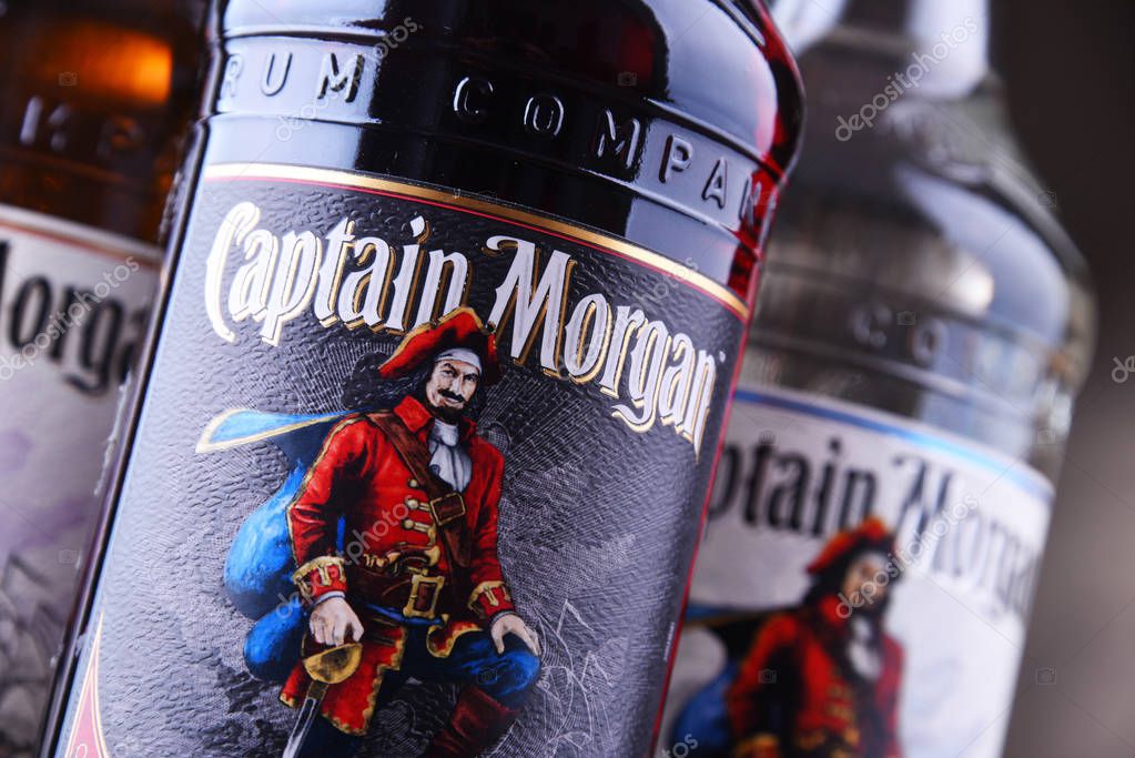 POZNAN, POL - AUG 21, 2019: Bottles of Captain Morgan, a brand of rum originated on US Virgin Islands and now produced by Diageo, British alcoholic beverages company headquartered in London