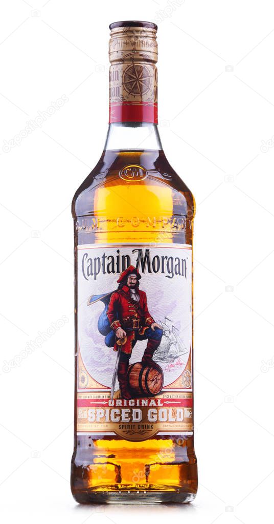POZNAN, POL - AUG 21, 2019: Bottle of Captain Morgan, a brand of rum originated on US Virgin Islands and now produced by Diageo, British alcoholic beverages company headquartered in London