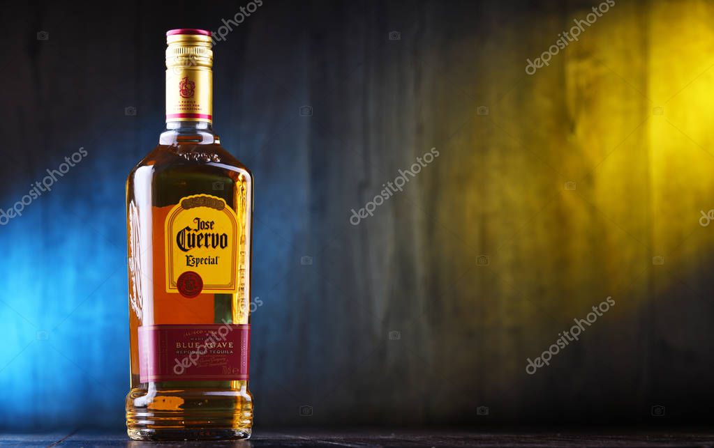 POZNAN, POL - AUG 21, 2019: Bottle of Jose Cuervo, a brand of the best-selling tequila in the world, with a 35.1% market share of the tequila sector worldwide