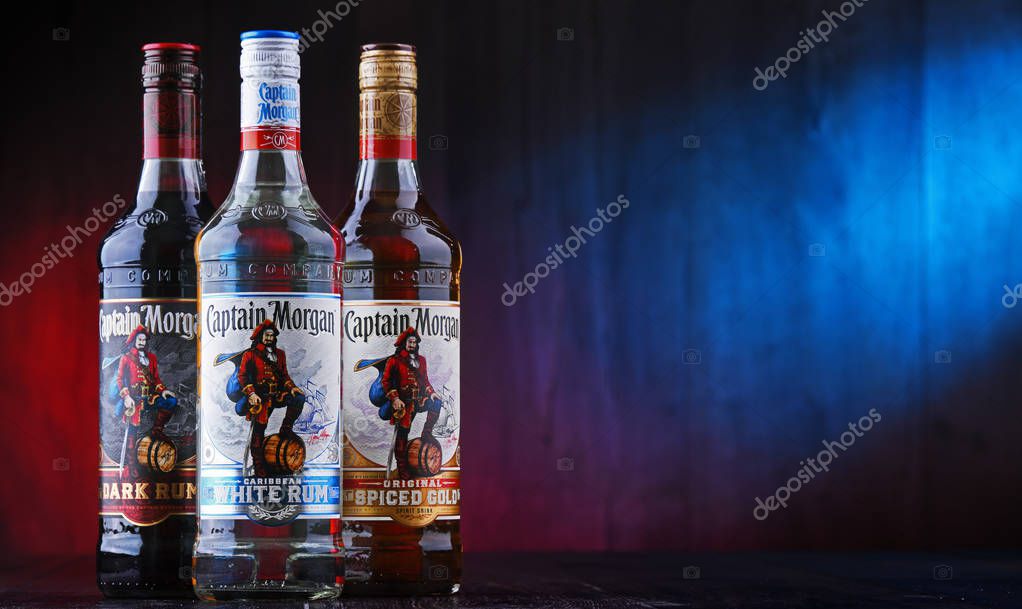 POZNAN, POL - AUG 21, 2019: Bottles of Captain Morgan, a brand of rum originated on US Virgin Islands and now produced by Diageo, British alcoholic beverages company headquartered in London