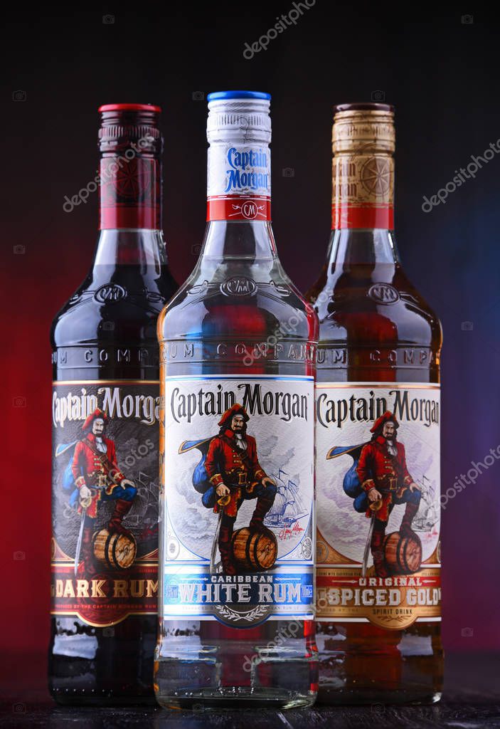 POZNAN, POL - AUG 21, 2019: Bottles of Captain Morgan, a brand of rum originated on US Virgin Islands and now produced by Diageo, British alcoholic beverages company headquartered in London