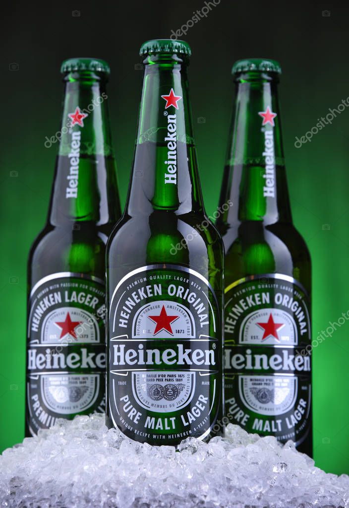 POZNAN, POL - AUG 22, 2019: Bottles of Heineken Lager Beer, the flagship product of Heineken International which owns over 125 breweries in more than 70 countries