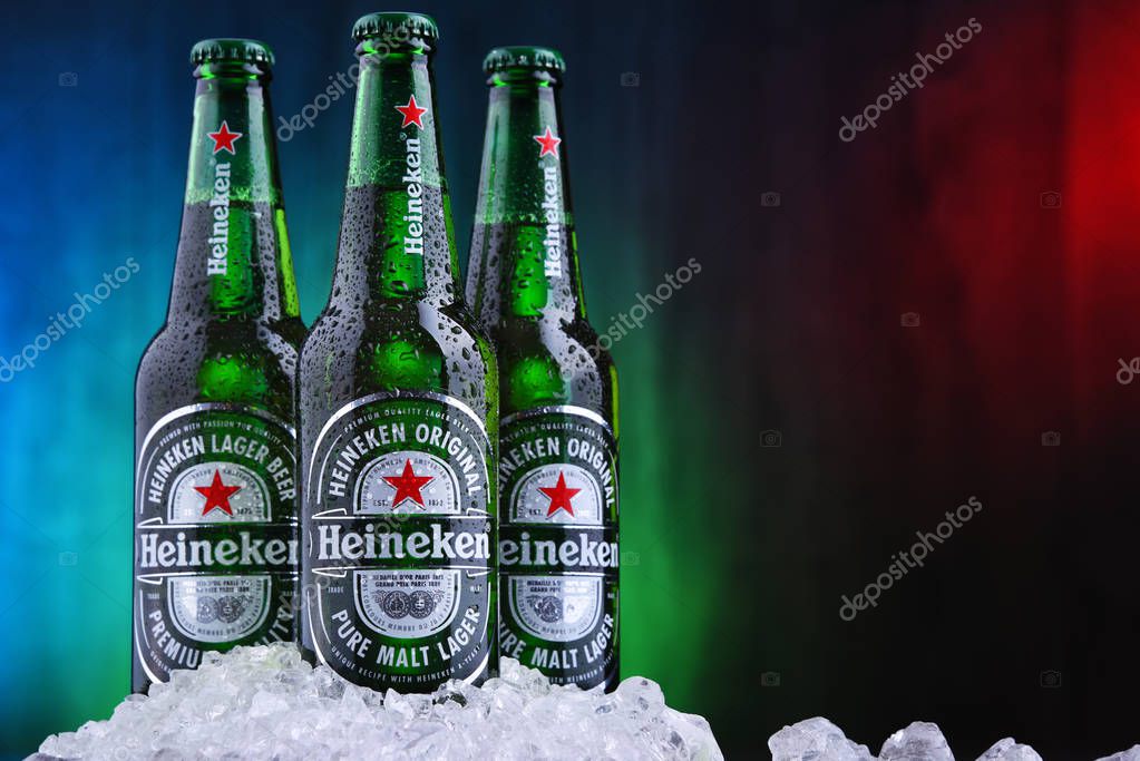 POZNAN, POL - AUG 22, 2019: Bottles of Heineken Lager Beer, the flagship product of Heineken International which owns over 125 breweries in more than 70 countries