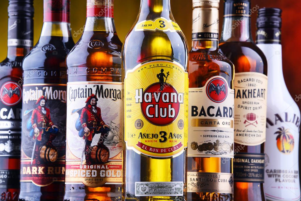 POZNAN, POL - AUG 22, 2019: Bottles of best selling global rum brands including Bacardi, Havana Club and Captain Morgan