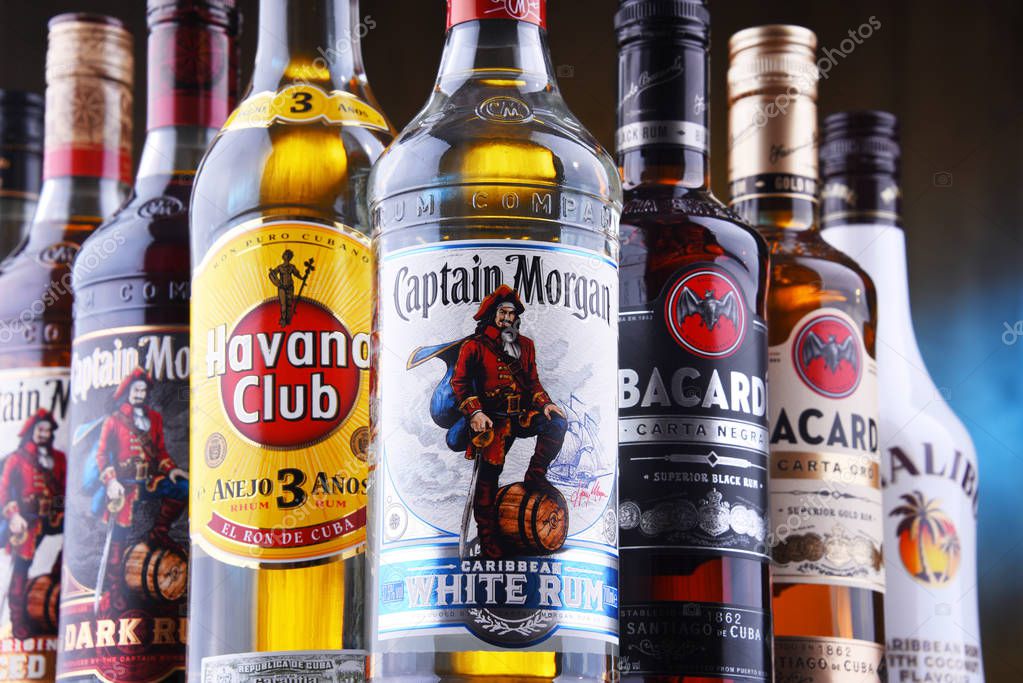 POZNAN, POL - AUG 22, 2019: Bottles of best selling global rum brands including Bacardi, Havana Club and Captain Morgan
