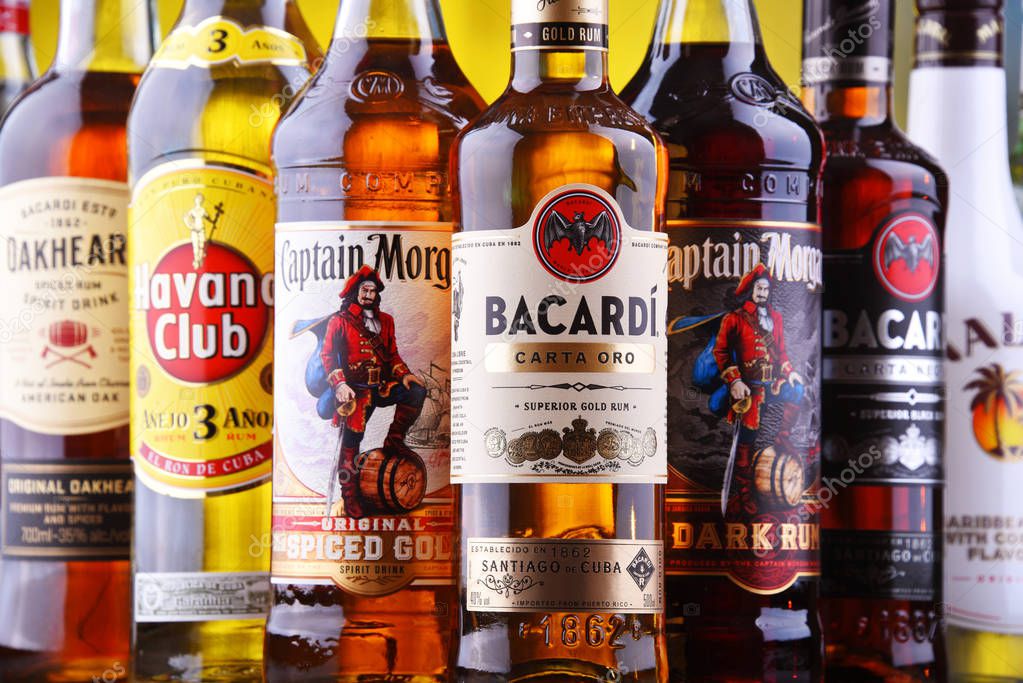 POZNAN, POL - AUG 22, 2019: Bottles of best selling global rum brands including Bacardi, Havana Club and Captain Morgan