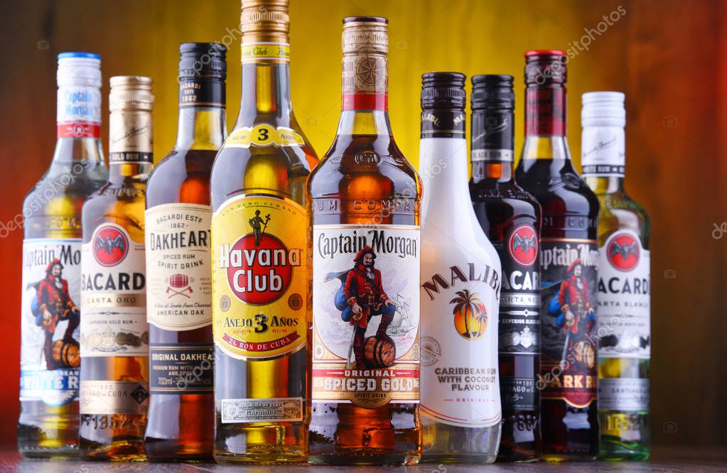 POZNAN, POL - AUG 22, 2019: Bottles of best selling global rum brands including Bacardi, Havana Club and Captain Morgan