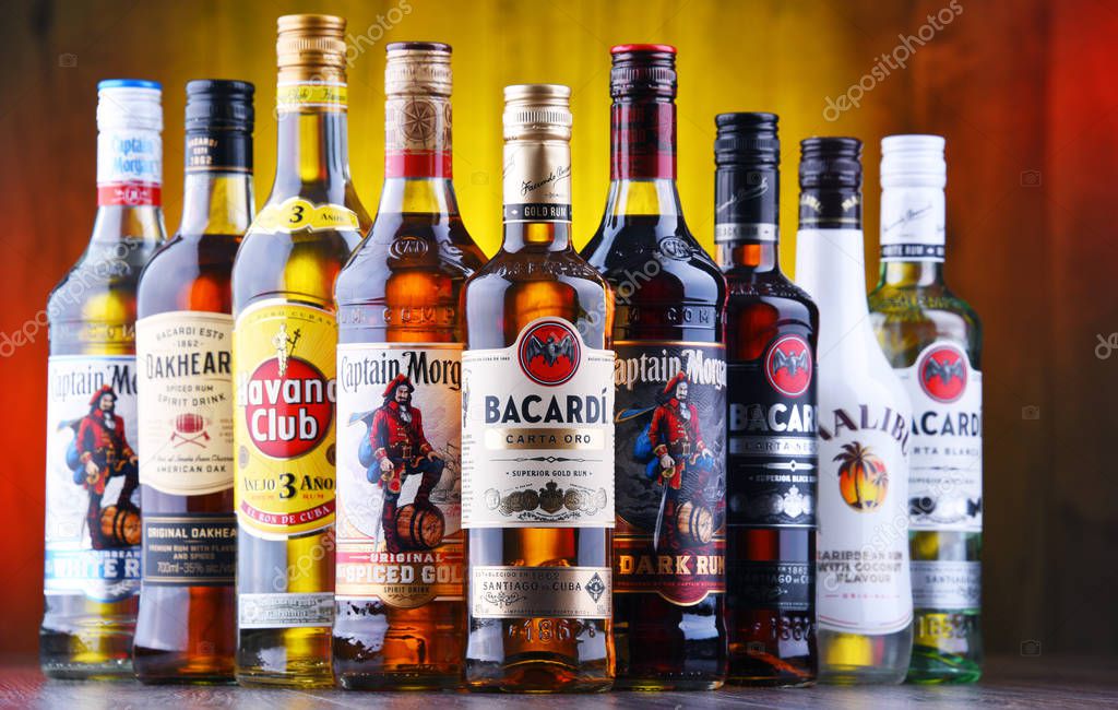 POZNAN, POL - AUG 22, 2019: Bottles of best selling global rum brands including Bacardi, Havana Club and Captain Morgan