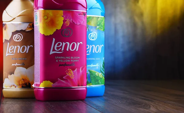 Bottles of liquid Lenor fabric softener — Stock Photo, Image