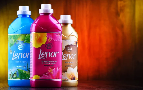 Bottles of liquid Lenor fabric softener — Stock Photo, Image