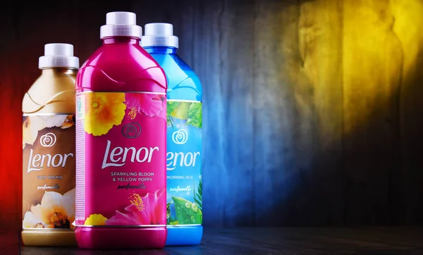 Bottles of liquid Lenor fabric softener — Stock Photo, Image